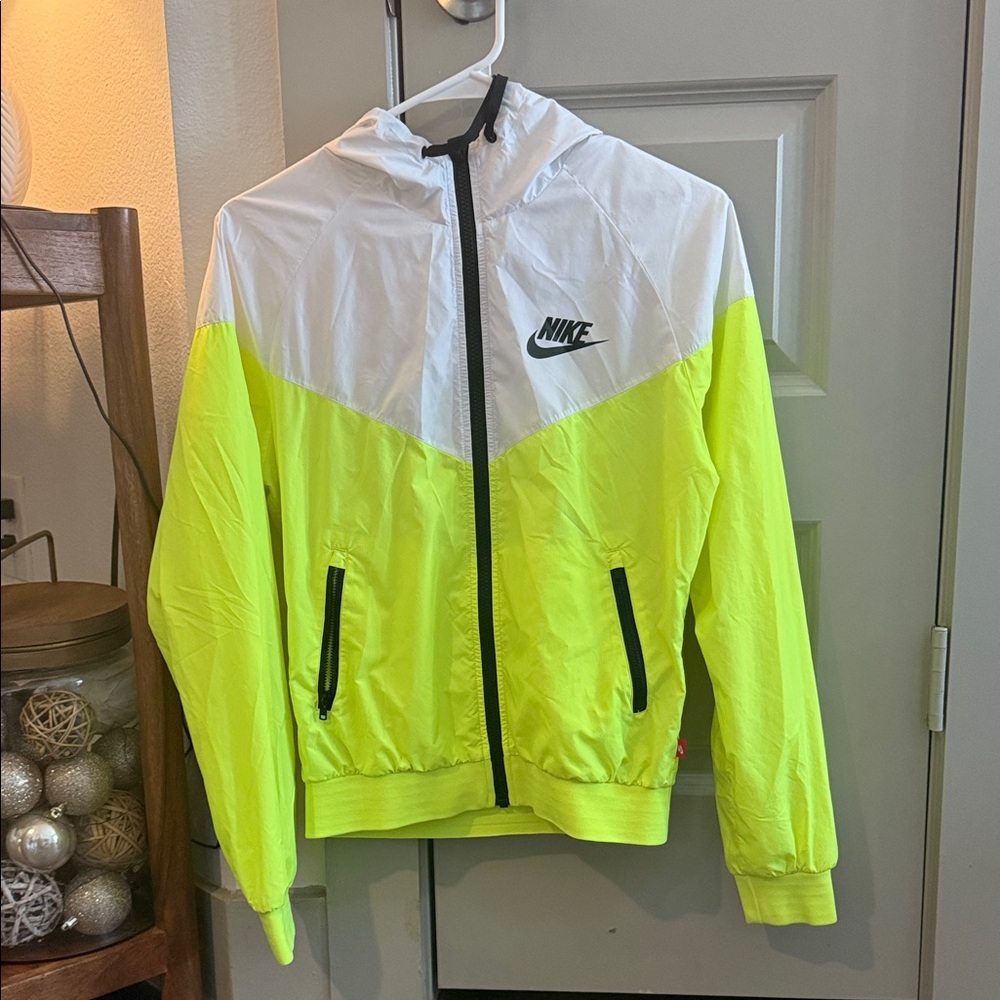 Nike White and Neon Yellow Hooded Jacket